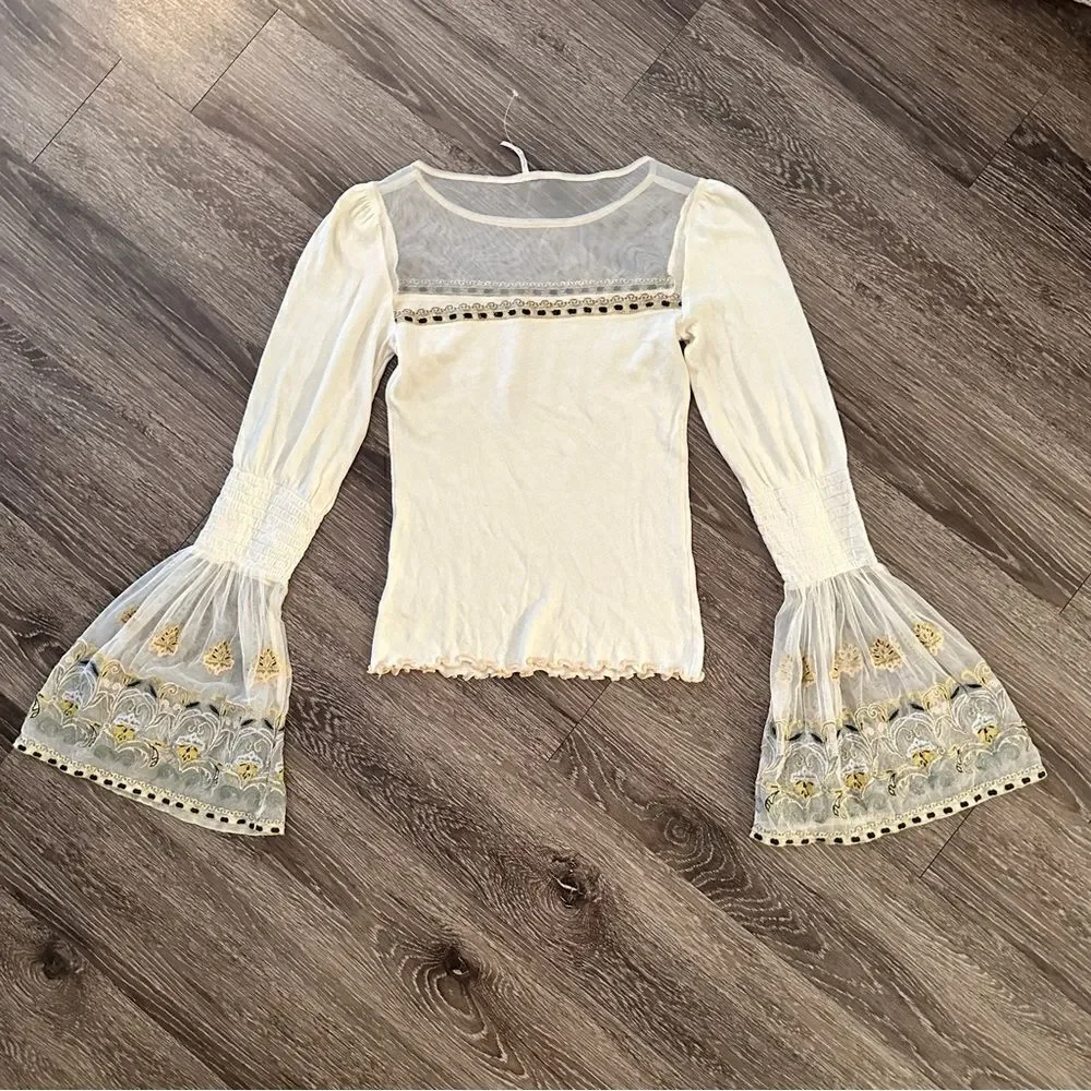 Free People Ivory High Tides Cotton Knit Embroidered Mesh Bell Cuffs Top